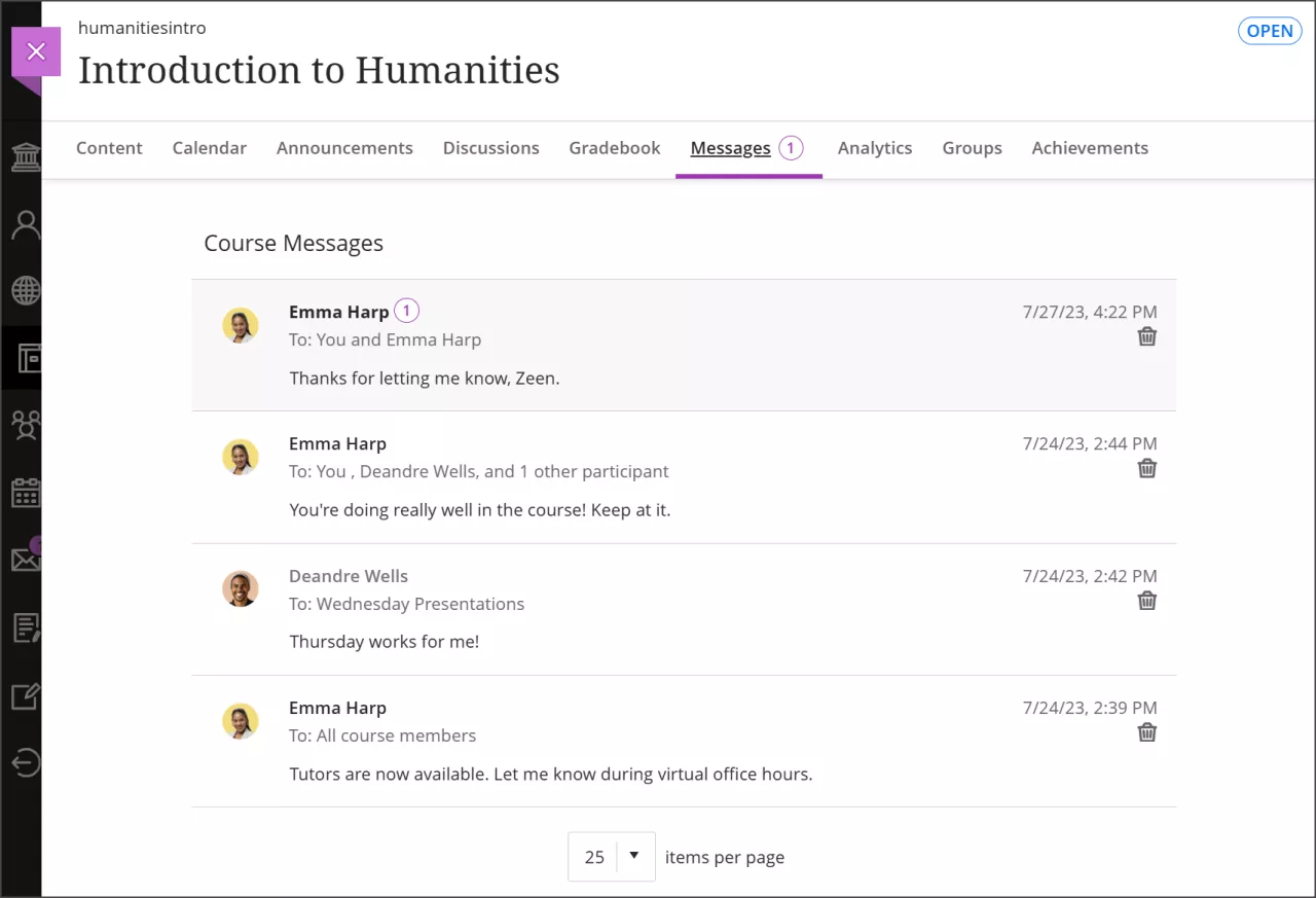 The Messages page within a course, with one message indicating that it hasn't been read yet