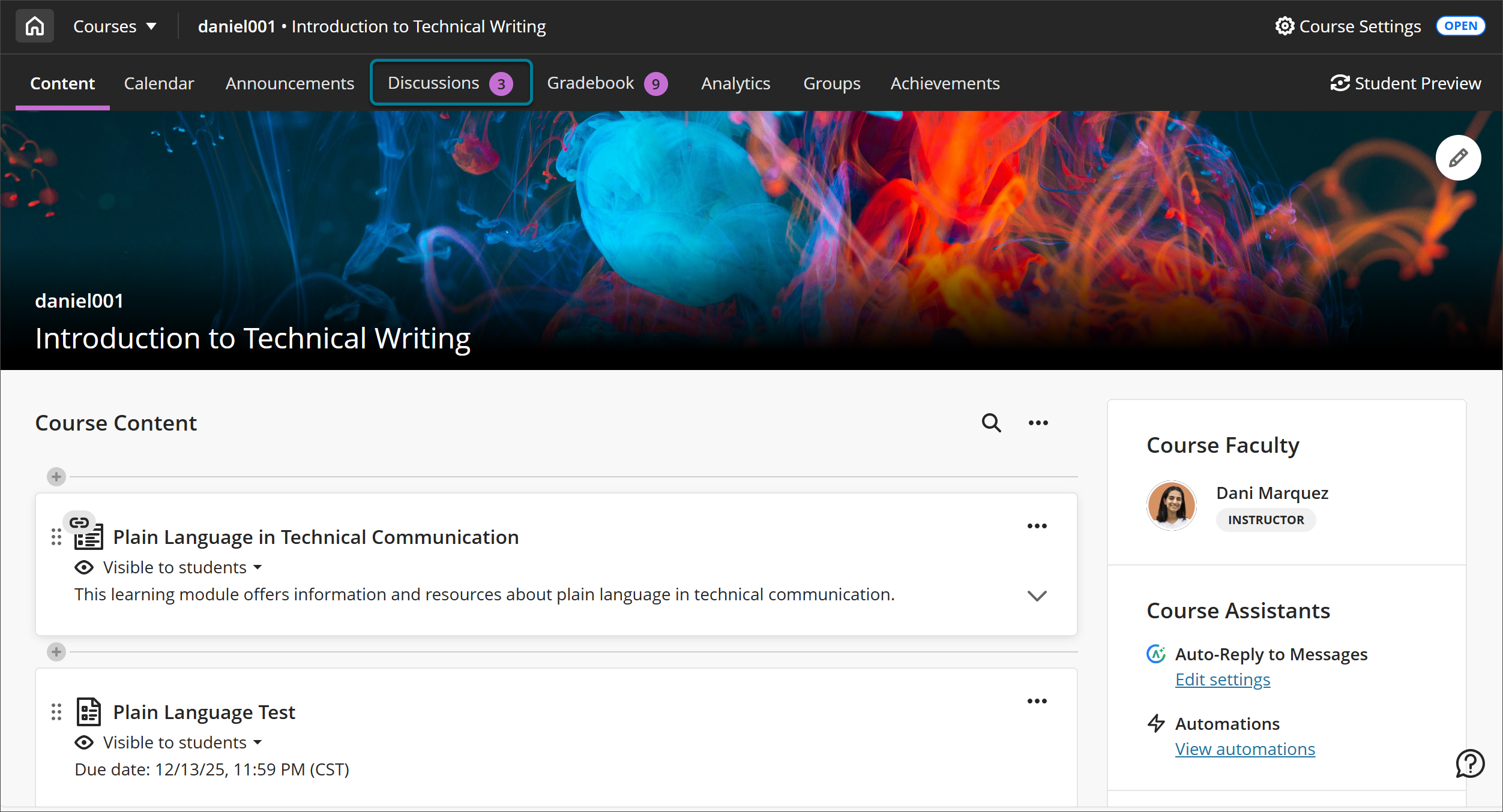 The Discussions page as viewed from the Course Content page, as a tab above the course content