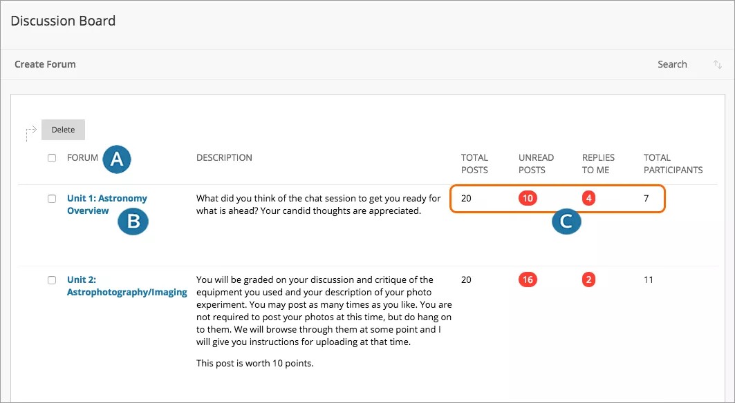 Discussion board page