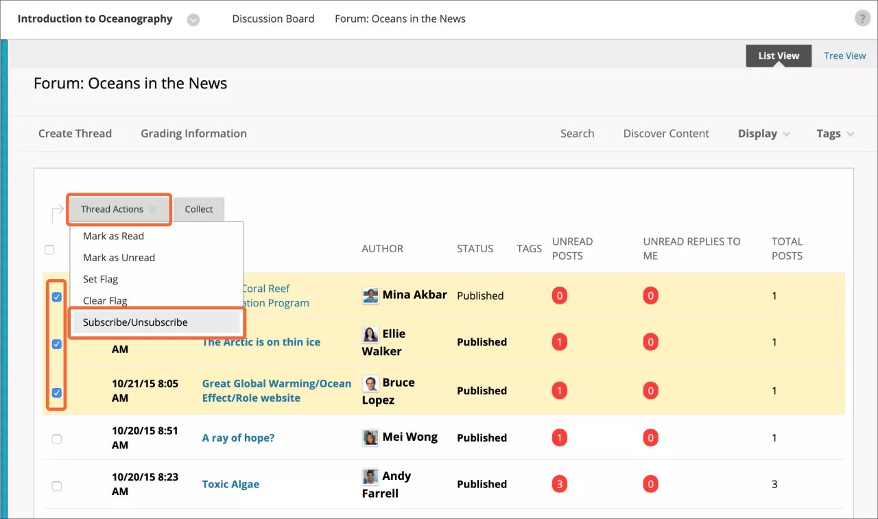 Forum page with Thread Actions dropdown menu opened.