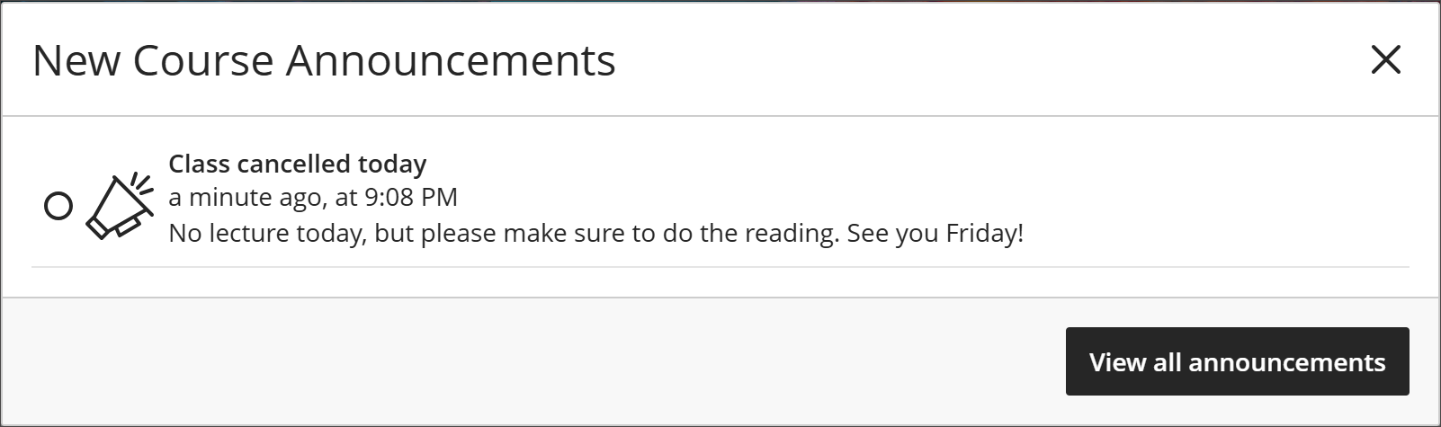 The New Announcements window, showing an unread announcement
