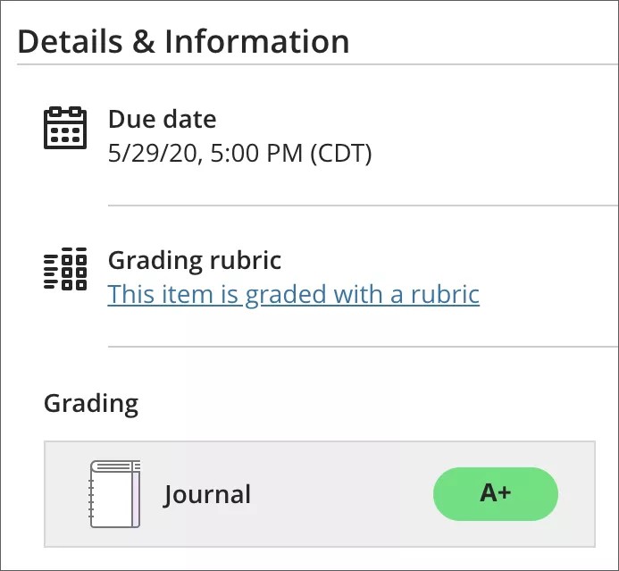 The Details & Information panel, showing the journal grade
