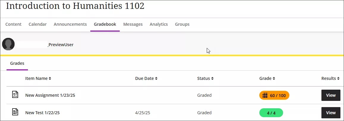 Gradebook view