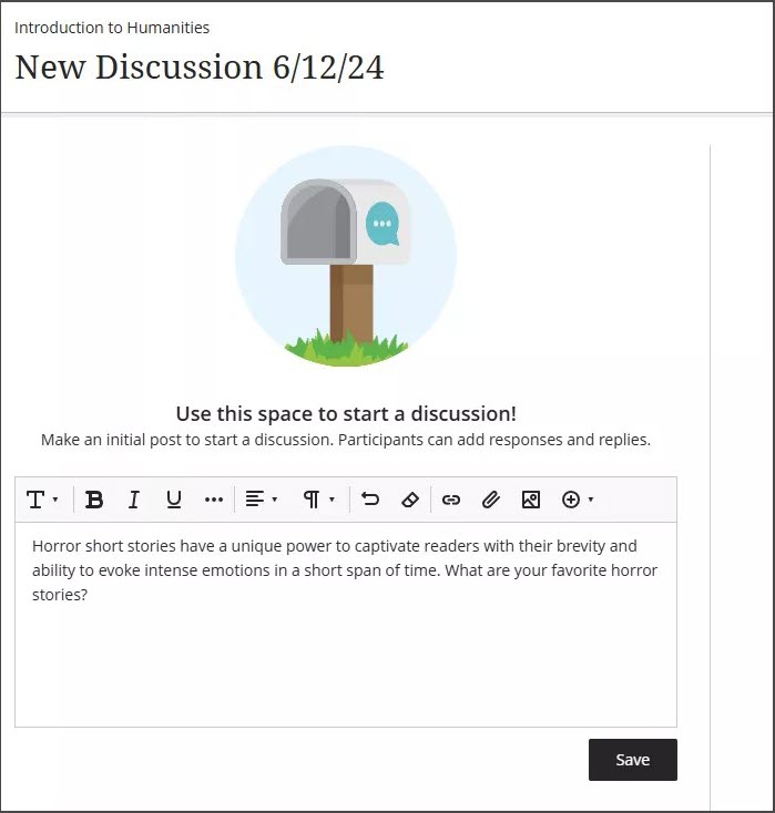 New Discussion page, with the text editor visible