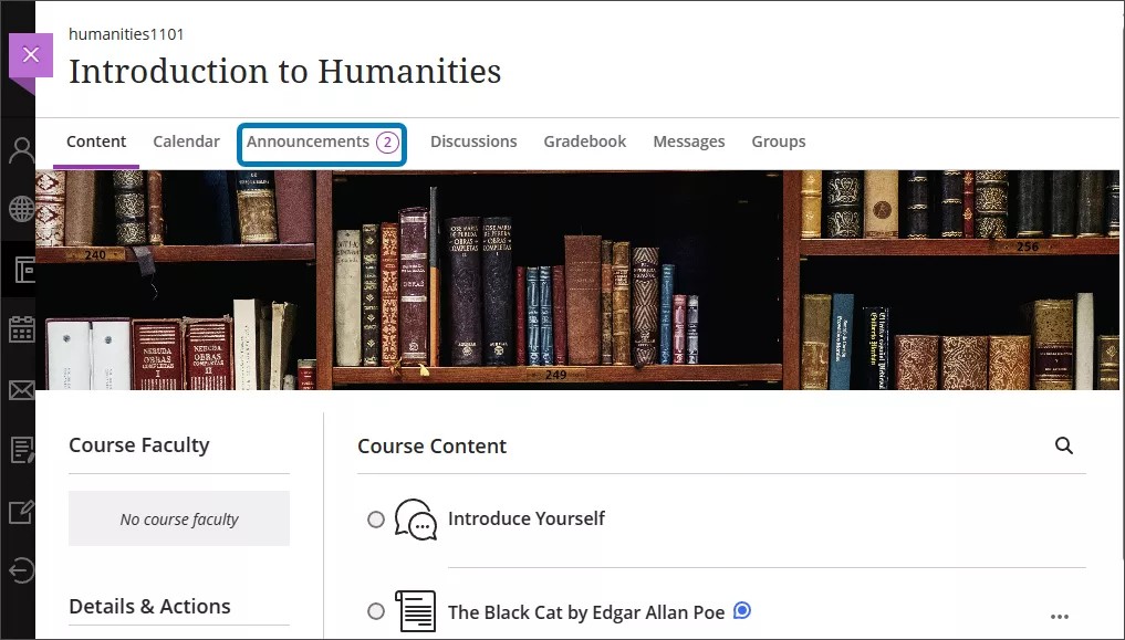 Course Content page with a blue rectangle around the Announcements tab that has a purple 2 beside it