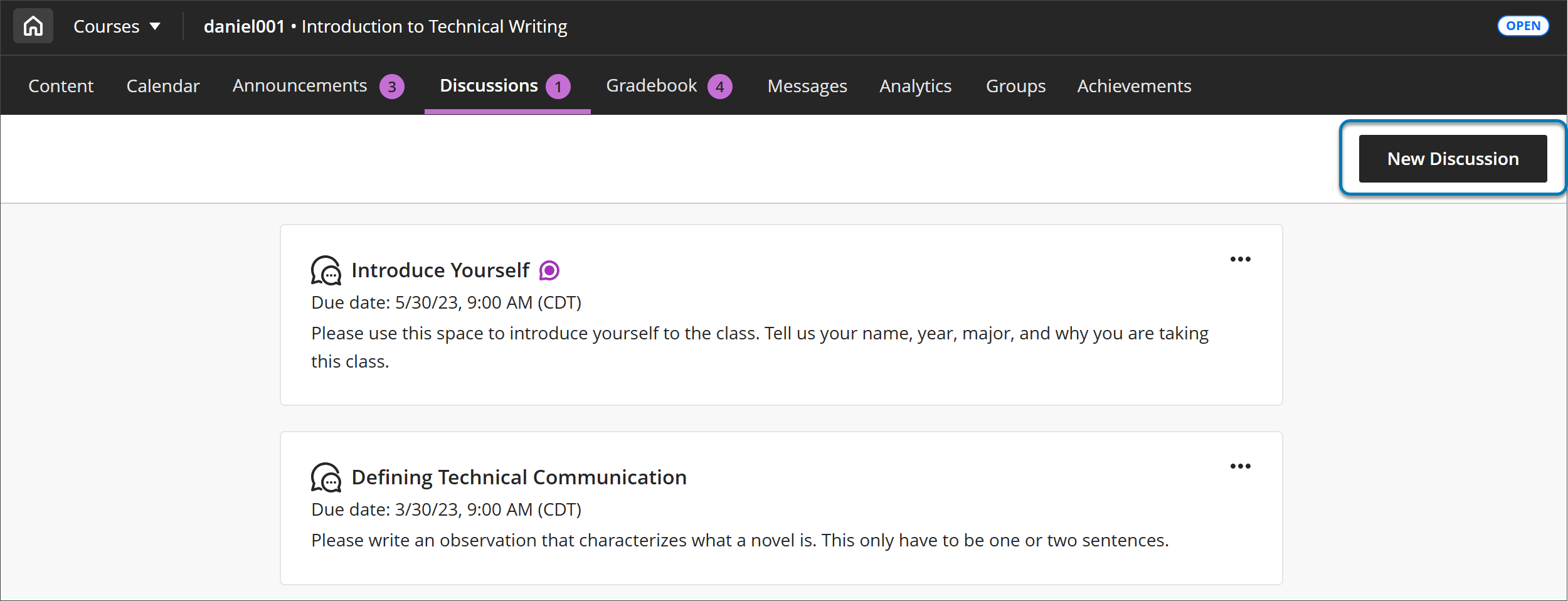 Discussions page within a course. Next to the Discussions menu option is a circle with a number inside of it, indicating the number of new discussions on the page. There are two separate discussions on the page. The one on top has a talk bubble icon next to the title Introduce Yourself, which indicates there are unread items within that discussion. The New Discussion button on the right side of the image is highlighted with a blue box.