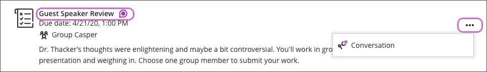 The title of the item Guest Speaker Review with a purple icon highlighted and the item's menu highlighted showing the conversation op