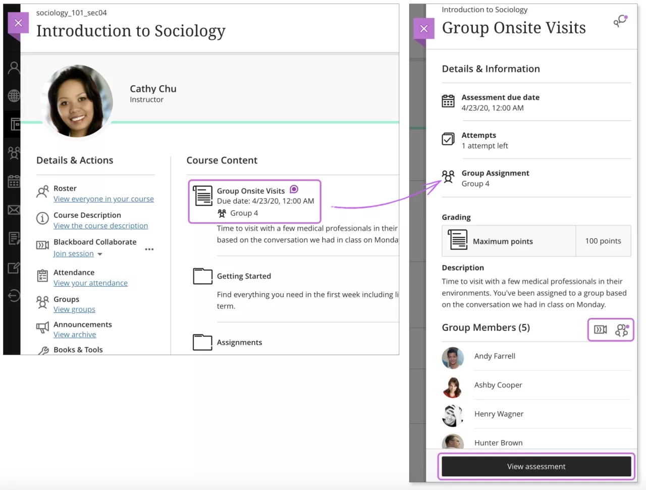 Detail of Course Content page with box highlighting course content row. A callout arrow points from highlighted row to an image the Group Assignment page. Boxes highlight View Assessment button