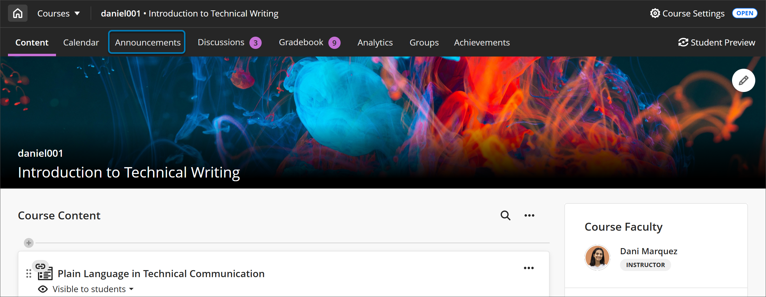 Course Content page with a blue rectangle around the Announcements tab to highlight it.