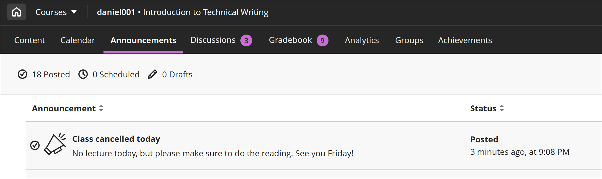 Detail of the Announcements page with one announcement displayed.