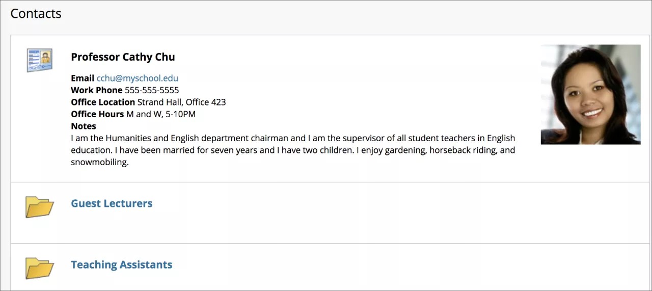 Contacts page with the contact information of a professor.