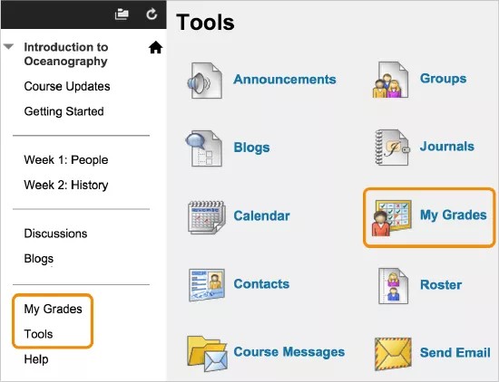 Course Tools page with My Grades highlighted.