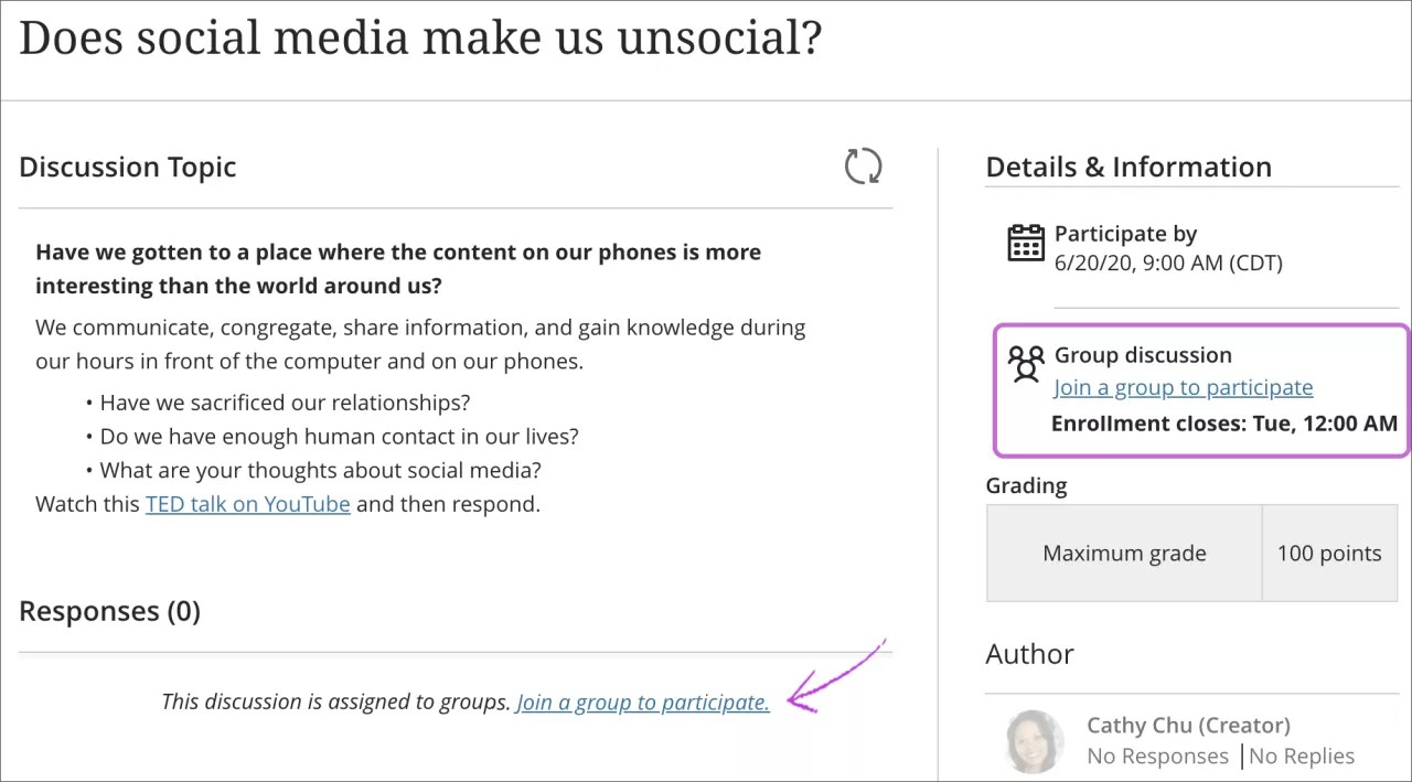 La página de debate grupal, con un cuadro destacado alrededor del enlace "Únase a un grupo para participar" en la sección Detalles e información y una flecha que resalta el enlace Unirse a un grupo para participar, situado en la parte inferior.