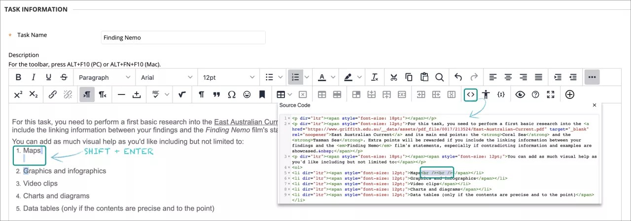 Ejemplo de editor de contenido para espaciar elementos de lista con la tecla Mayúsculas.