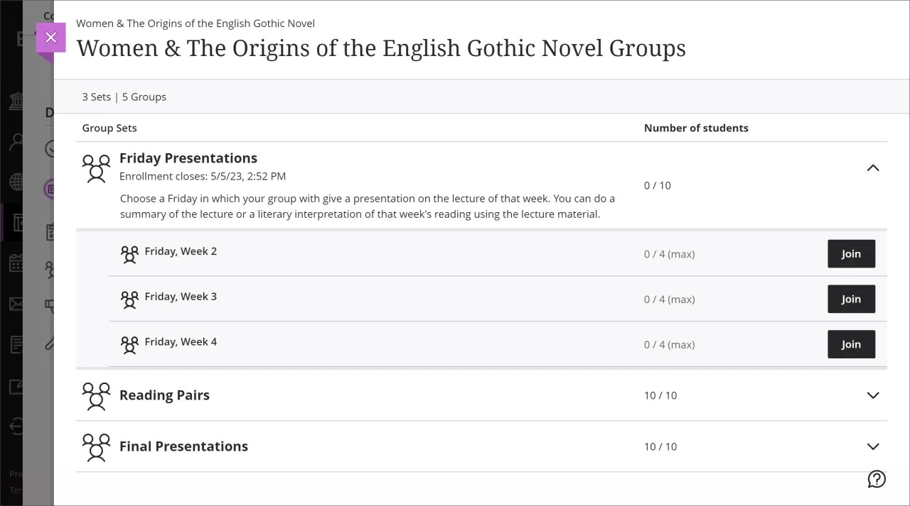 Página Grupos con opciones para unirse a un grupo dentro de un conjunto de grupos.