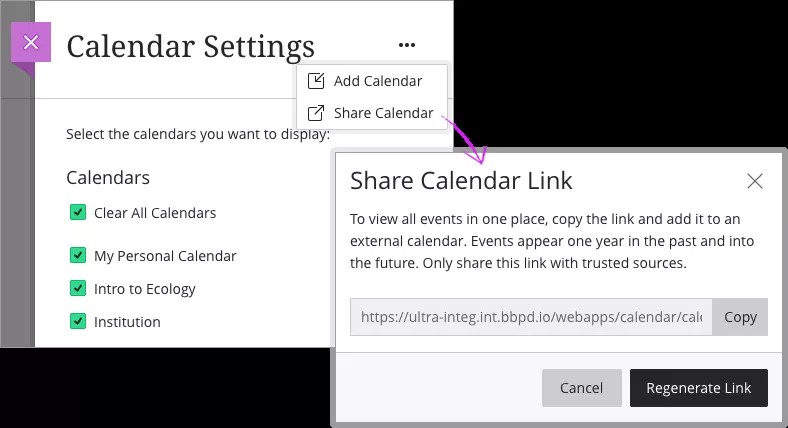 Página de calendario con el menú desplegable Compartir calendario visible. Una flecha señala desde el menú Compartir calendario hacia un cuadro de diálogo denominado Compartir vínculo de calendario, que incluye un botón para compartir el calendario. Esto indica que se abre el cuadro de diálogo Compartir enlace de calendario al seleccionar Compartir calendario en el menú desplegable.