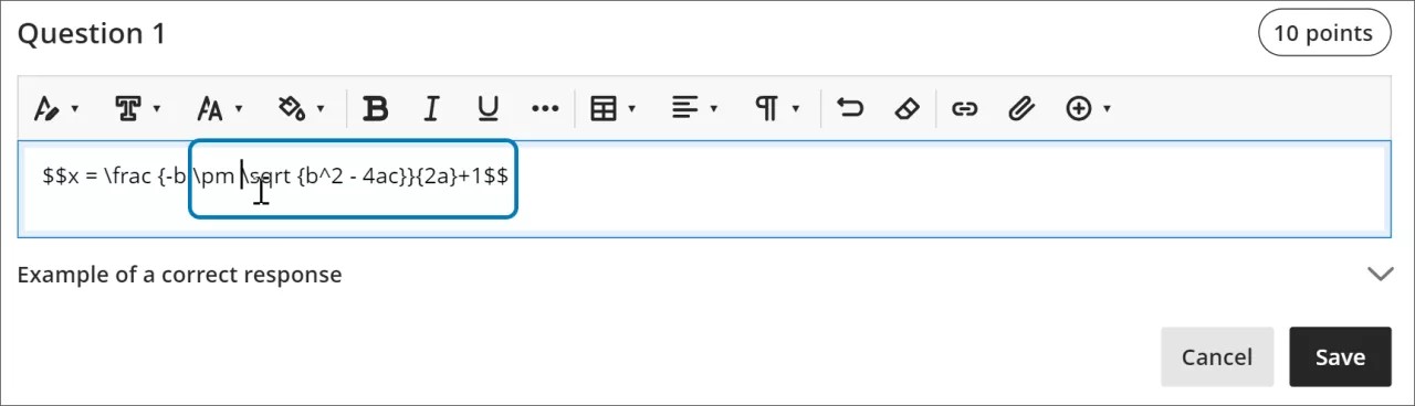 Imagen de la ecuación LaTeX para la fórmula cuadrática más una dentro del editor de texto enriquecido, con el cursor de texto resaltado