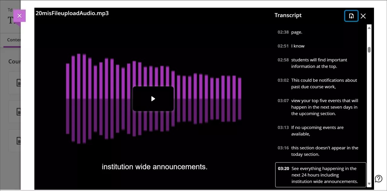 Una grabación de estudio de vídeo con el panel de transcripción que muestra la transcripción. En la parte superior del panel de transcripción se encuentra el botón para la descarga de transcripciones, que se resalta en un cuadro azul.