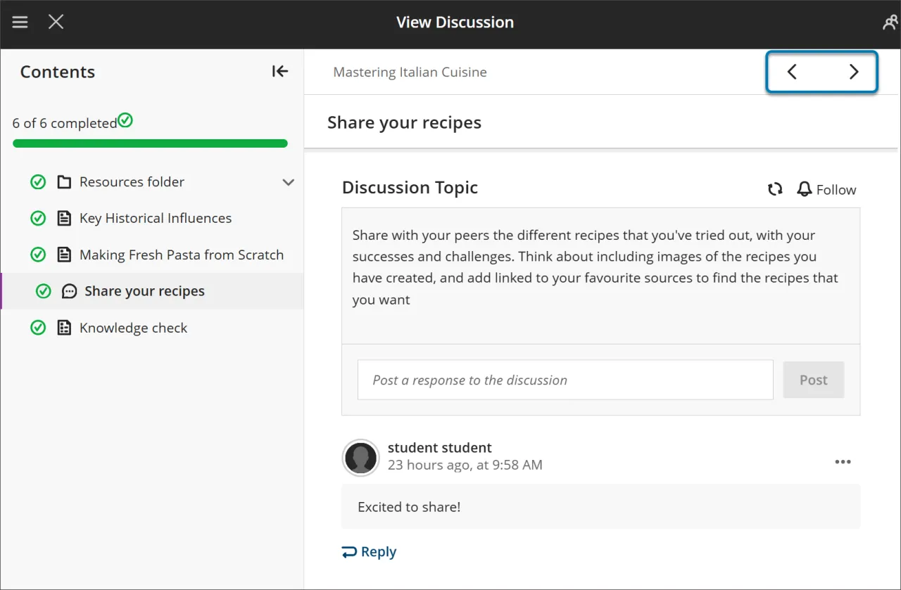 Module d'apprentissage avec table des matières ouverte à un travail de discussion.