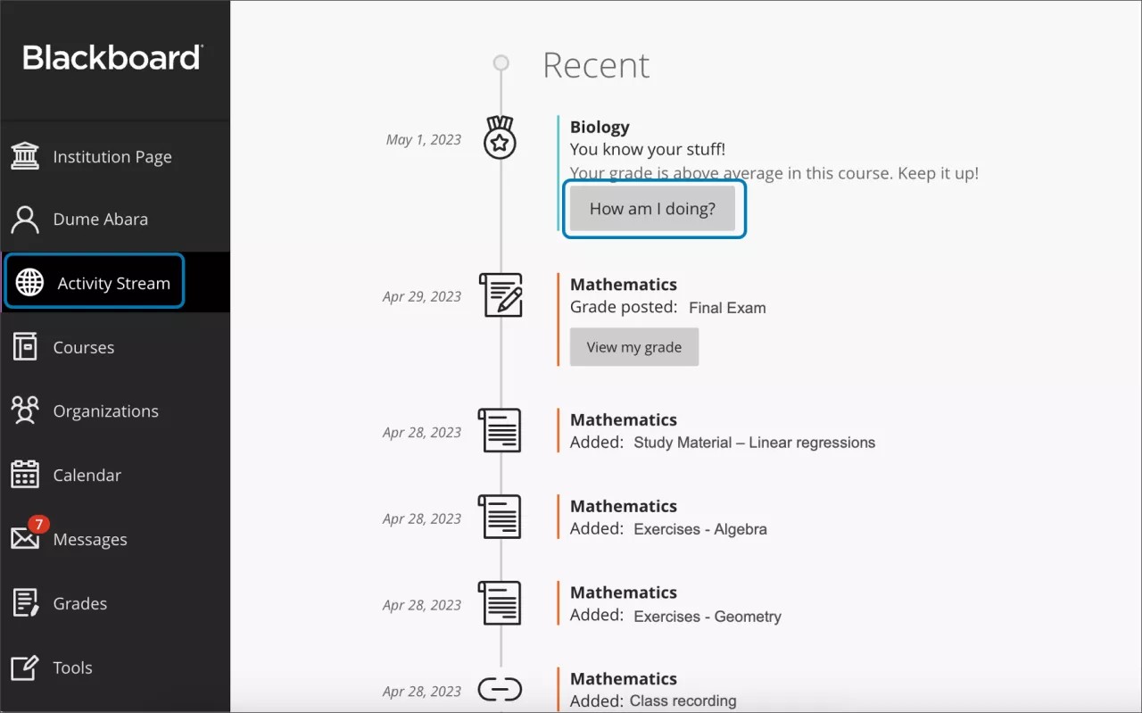 Image du volet d'activités, avec le bouton Quelle est ma progression ? bouton décrit dans un rectangle, ainsi que le bouton Écran d'activité sur la navigation de base