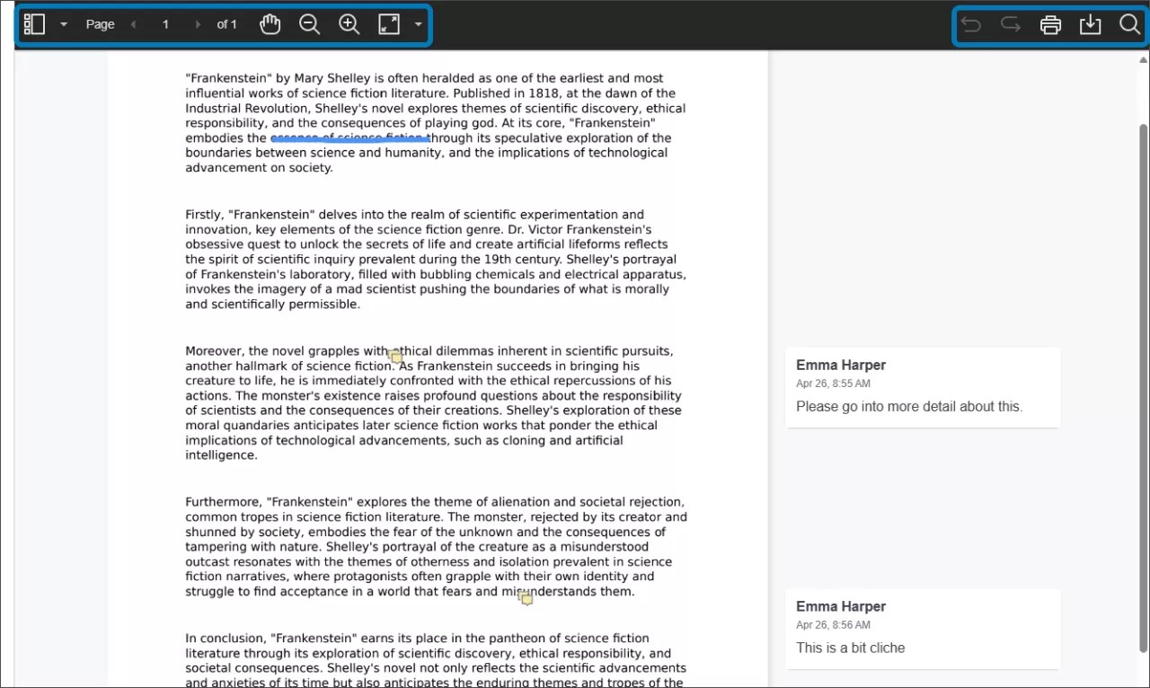 Bb Annotate Viewer, montrant une phrase barrée en bleu et plusieurs commentaires d'un instructeur