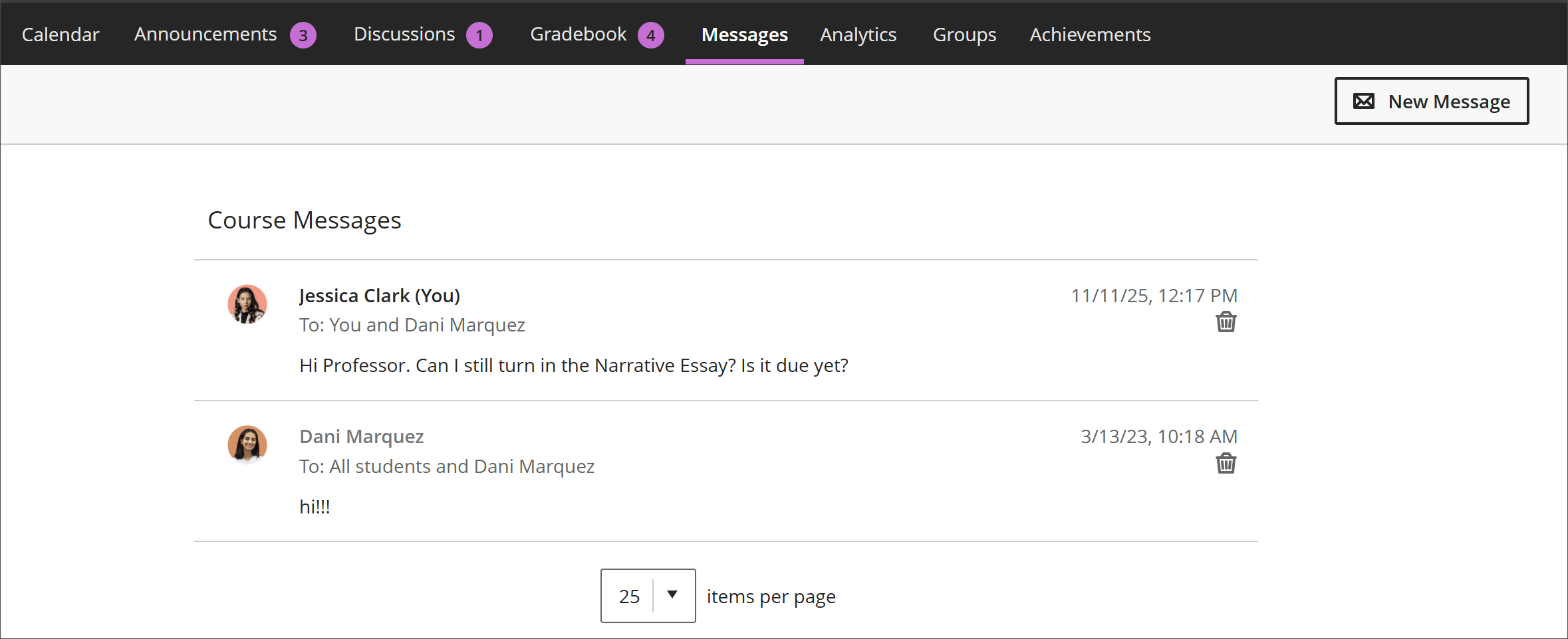 La page Messages d'un cours, avec un message indiquant qu'il n'a pas encore été lu