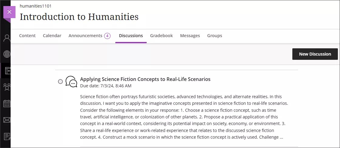 Page des discussions, avec le bouton Nouvelle discussion en haut