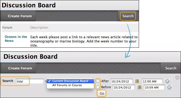 Détails de la page du forum de discussion. Un détail met en évidence le bouton Rechercher. Un autre détail montre les options de recherche.