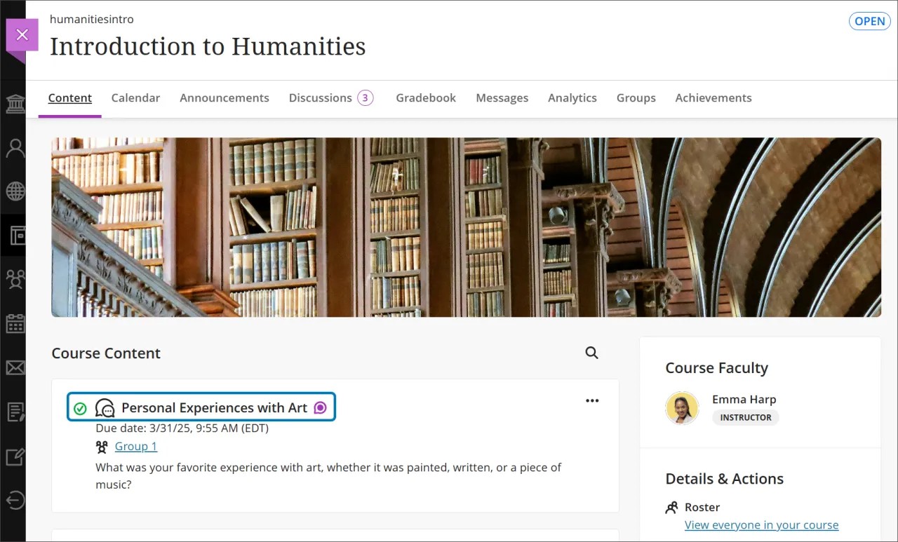 La page de contenu du cours, avec une discussion surlignée et jointe d'une icône violette