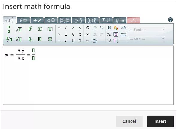 Image de l'éditeur mathématique montrant une équation comprenant une fraction partiellement complète, avec deux cases vertes indiquant des espaces