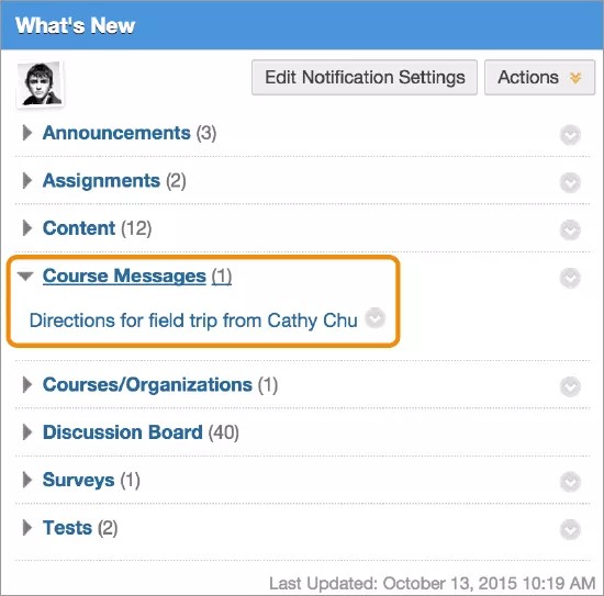 Menu Nouveautés avec messages de cours et surlignage d'un message entrant.
