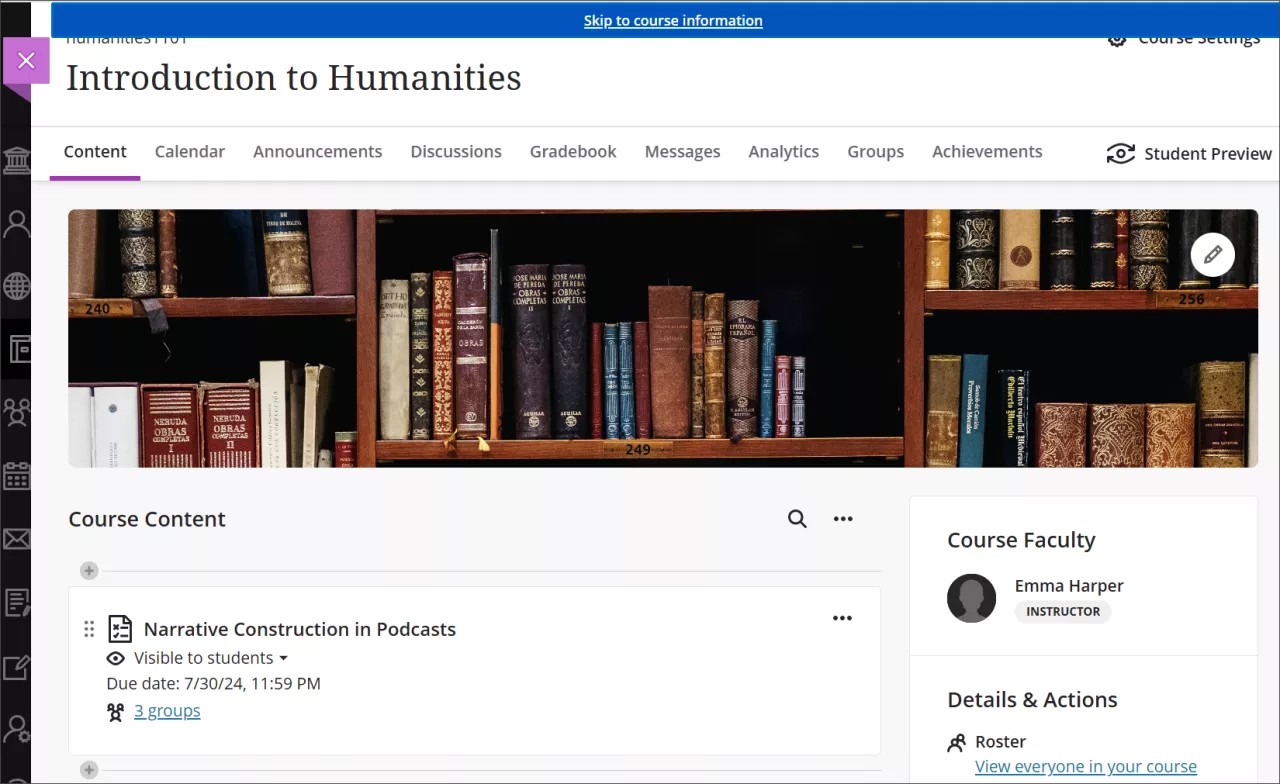 Ignorer le lien vers « Passer aux informations sur le cours » sur la page Contenu du cours