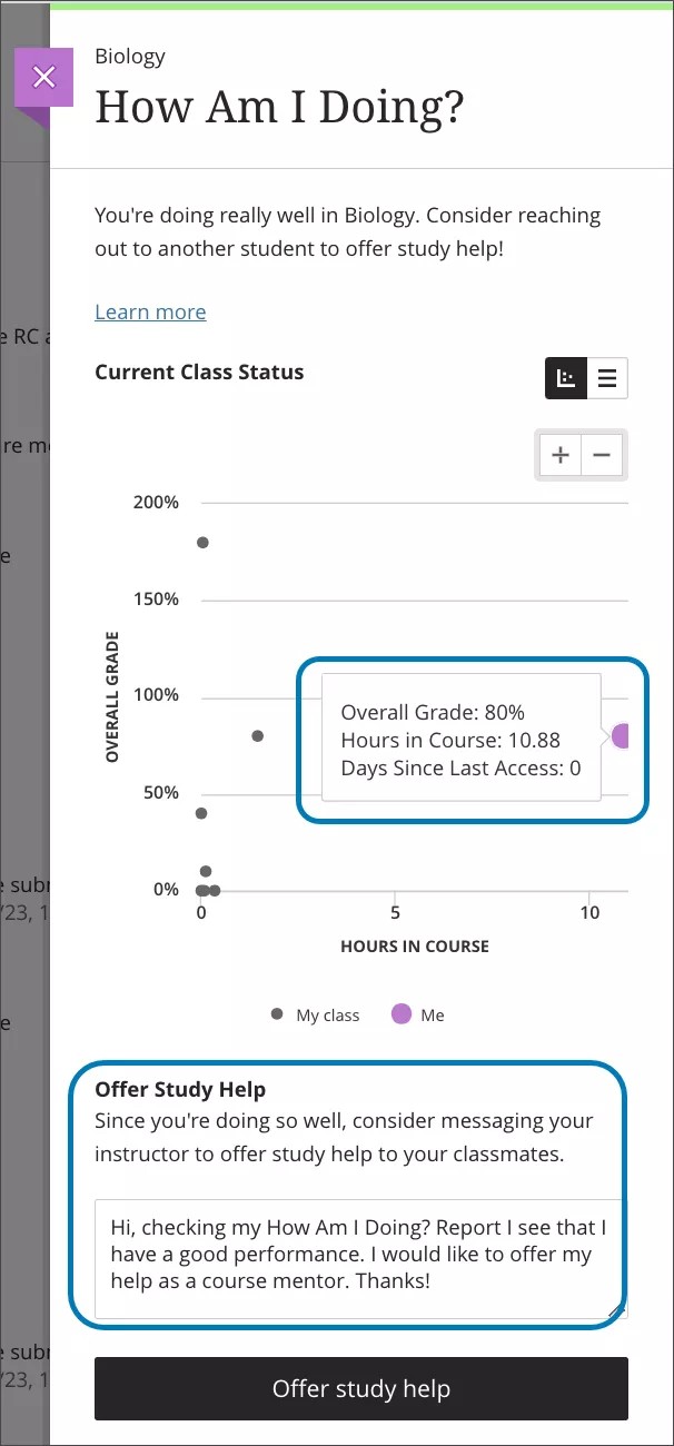 Image du How Am I Doing ? le diagramme de dispersion de l'état actuel de la classe du rapport, avec la note de l'étudiant surlignée et le champ Offer une aide aux études surligné
