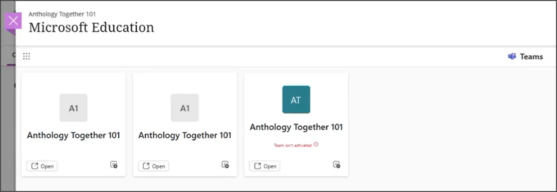 Microsoft EducationダッシュボードのMicrosoft Teamsランディングページ。3つの別々のチームがリストされています。