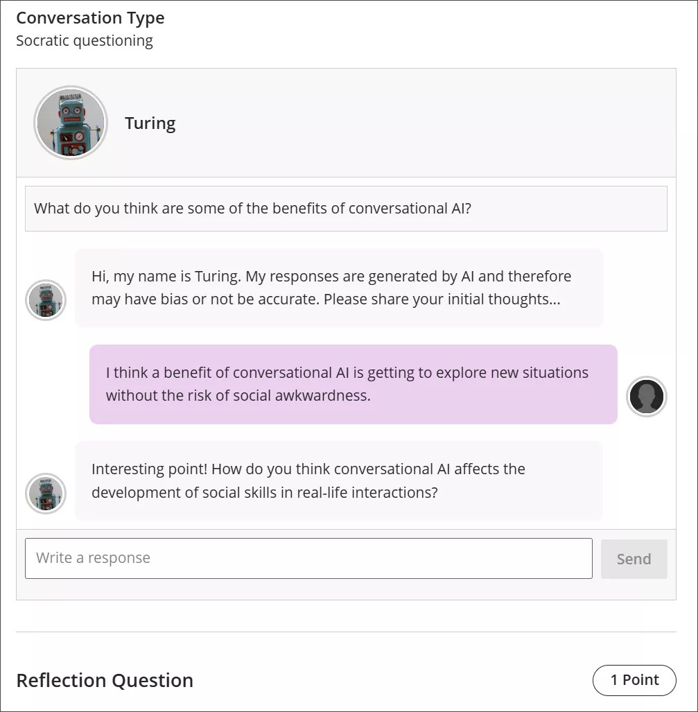 会話型 AI の利点について話し合う、学生と AI ペルソナの間の対話