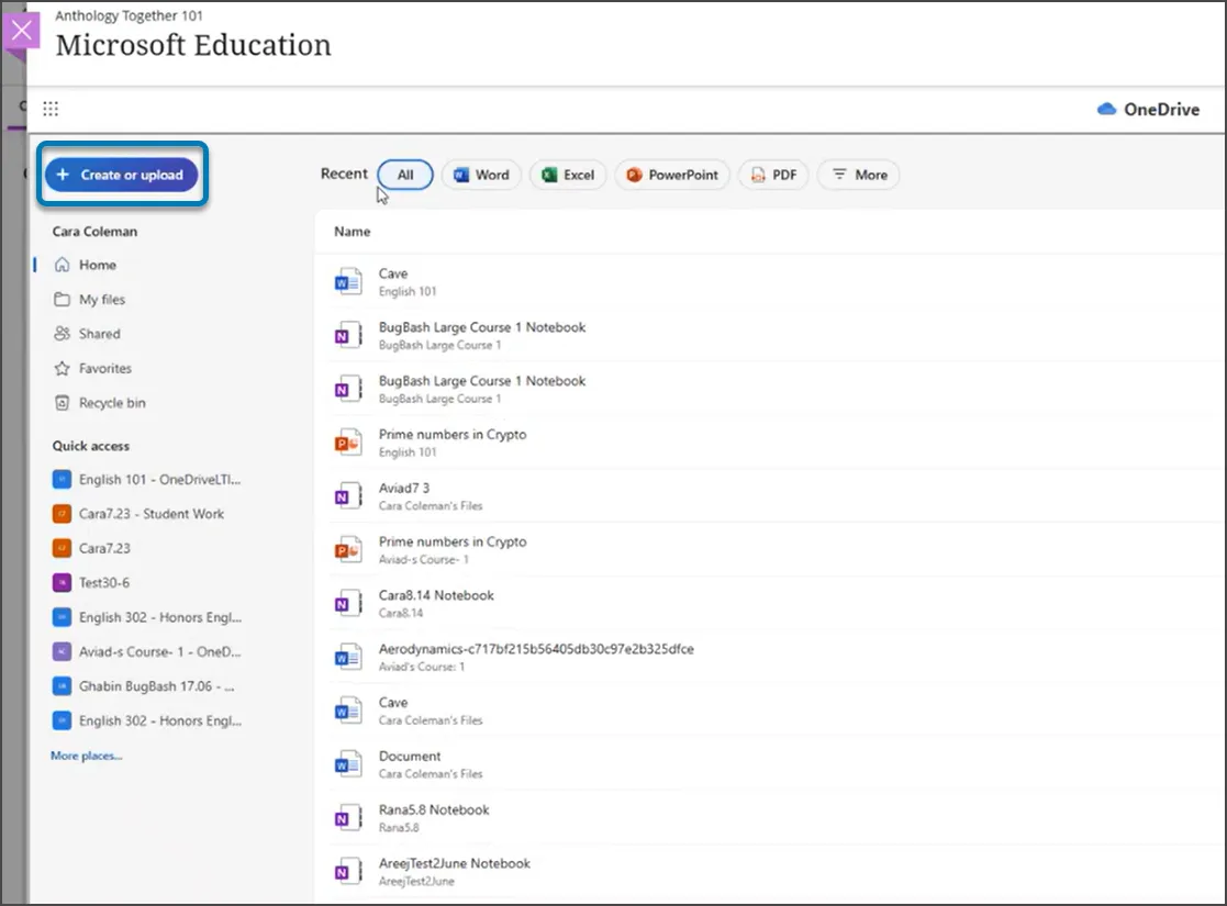 Microsoft EducationダッシュボードのMicrosoft OneDriveランディングページ。