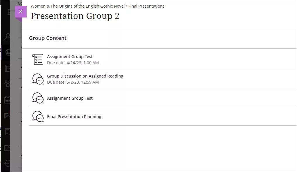 Gruppeplass for presentasjonsgruppe 2, som viser listen over oppgaver