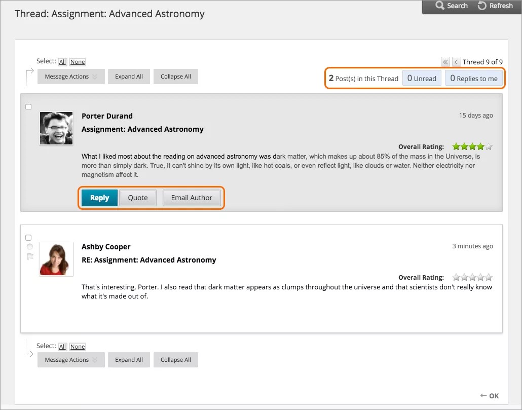 Postagens de tópicos do fórum. As opções para responder a uma postagem são destacadas.