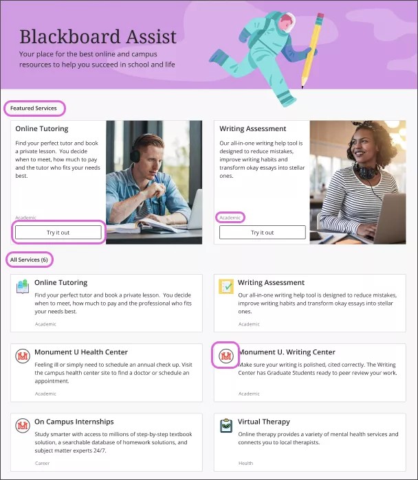 Página do Blackboard Assist