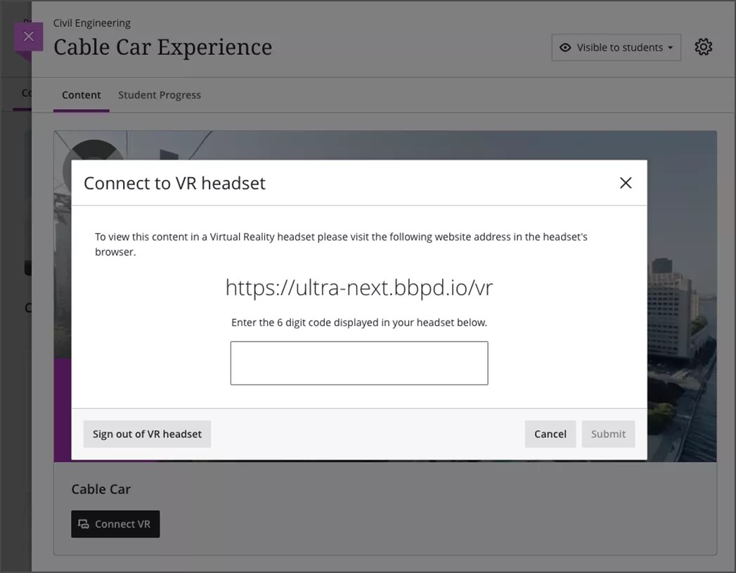 Ett överlägg för Anslut till VR-headset som ber om en 6-siffrig kod för att ansluta till ett virtuellt reality-headset