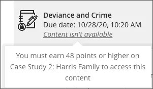 En loggbok med textinnehållet är inte tillgänglig och anteckningen "Du måste tjäna 48 poäng eller högre eller Case Study 2: Harris Family för att få tillgång till det här innehållet" visas under