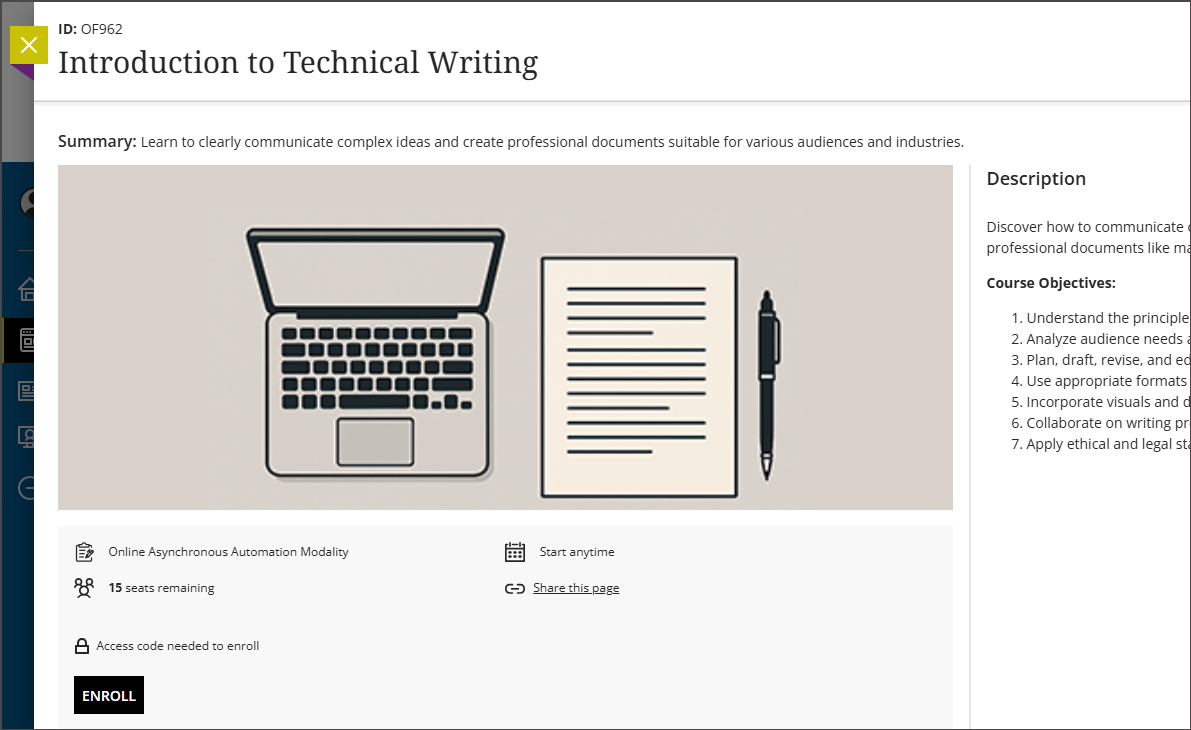 Y panel manylion ar gyfer cwrs o'r enw Introduction to Technical Writing. Mae'r panel yn cynnwys baner, crynodeb, disgrifiad, y modd, y ffaith bod y cwrs yn dechrau unrhyw bryd a bod 15 sedd ar ôl, a dolen i "Rhannu'r dudalen hon." Mae botwm Cofrestru hefyd.