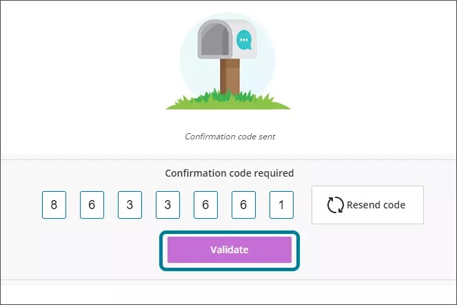 Course Catalog create account panel, showing that a confirmation code has been sent. There are spaces to enter the confirmation code, as well as a Resend code button and a Validate button which is highlighted in blue