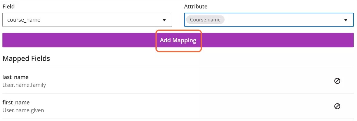 The field mapping section, showing the field course_name with the attribute Course.name and the Add Mapping button highlighted in orange. Previously mapped fields are listed below the button.