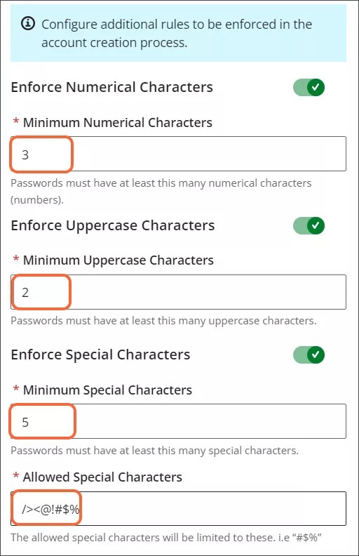 Password rule settings, with Minimum Numerical Characters of 3, Minimum Upper Characters of 2, Minimum Special Characters of 5, and Allowed Special Characters of /><@!#$% all highlighted in orange.