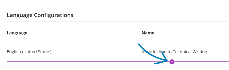 The Language Configurations section of the Add Course screen, showing the language and the name, with the purple plus sign at the bottom indicated by a blue arrow