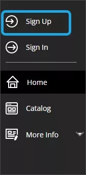 The Course Catalog navigation menu, showing Sign Up, Sign In, Home, Catalog, and More Info, with Sign Up highlighted in blue