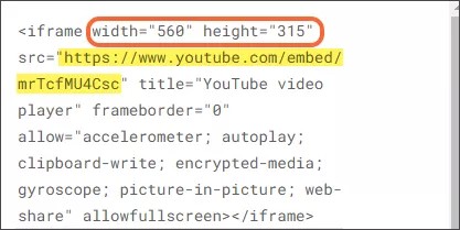 The embed code for a YouTube video. The URL for the video is highlighted in yellow and the width and height are boxed in orange.