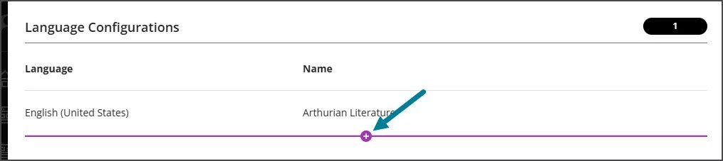 The Language Configurations section. It shows the language and the name of the offering, with the purple plus icon to add a new language indicated by a blue arrow.