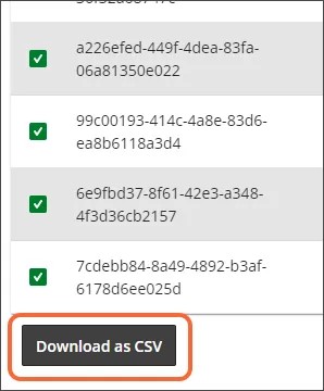 A list of selected payments with the Download as CSV button at the bottom, highlighted in orange